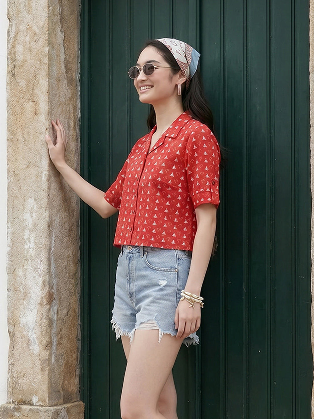 Janasya Red Shirt Cotton Top | Grocsy