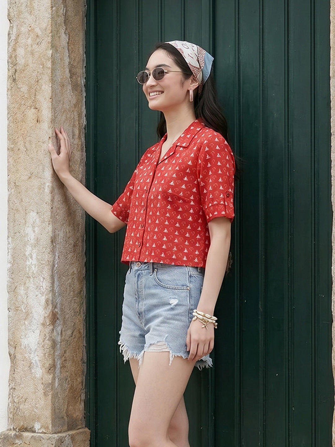 Janasya Red Shirt Cotton Top | Grocsy