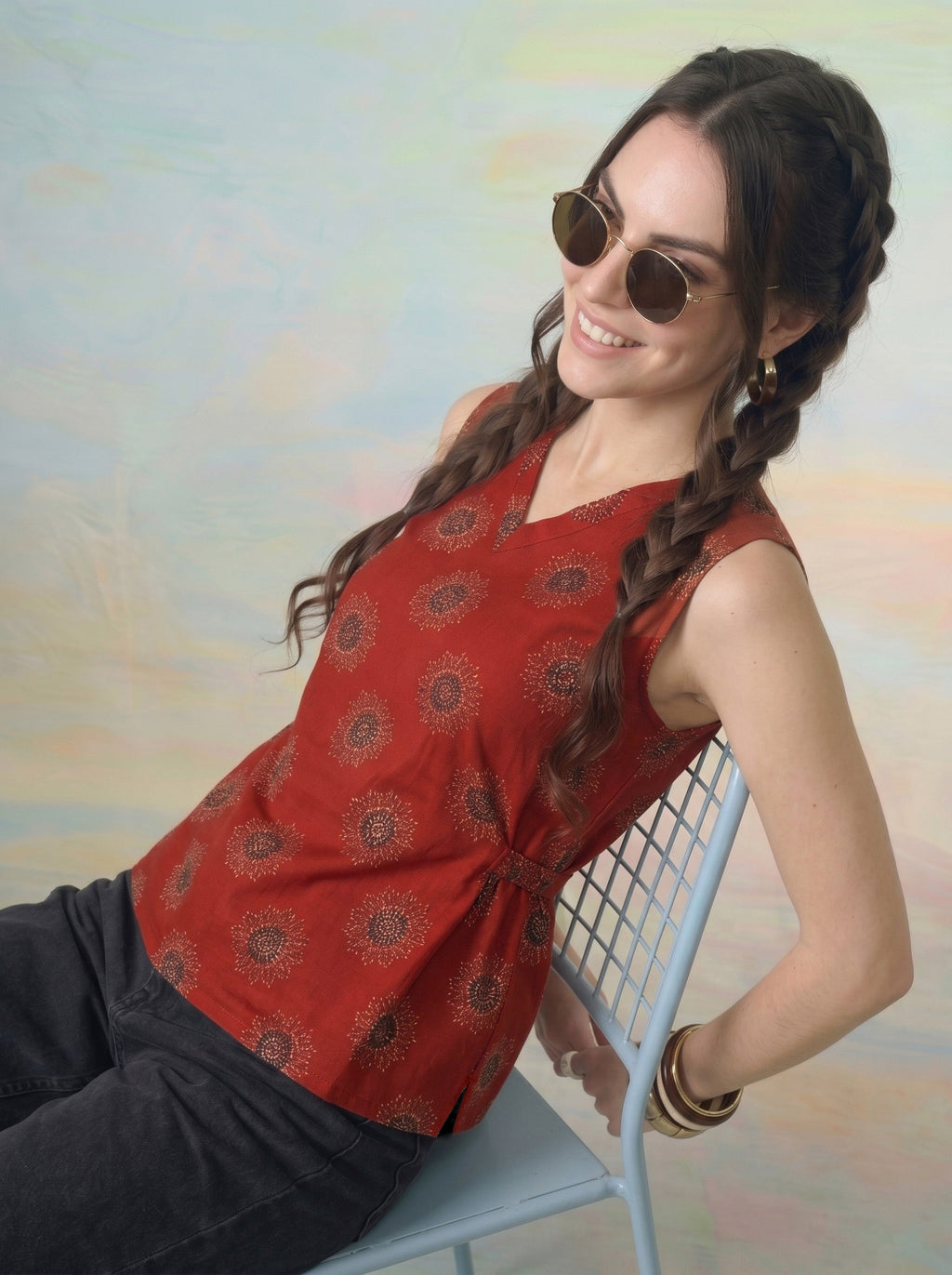 Janasya Rust A-Line Cotton Top | Grocsy