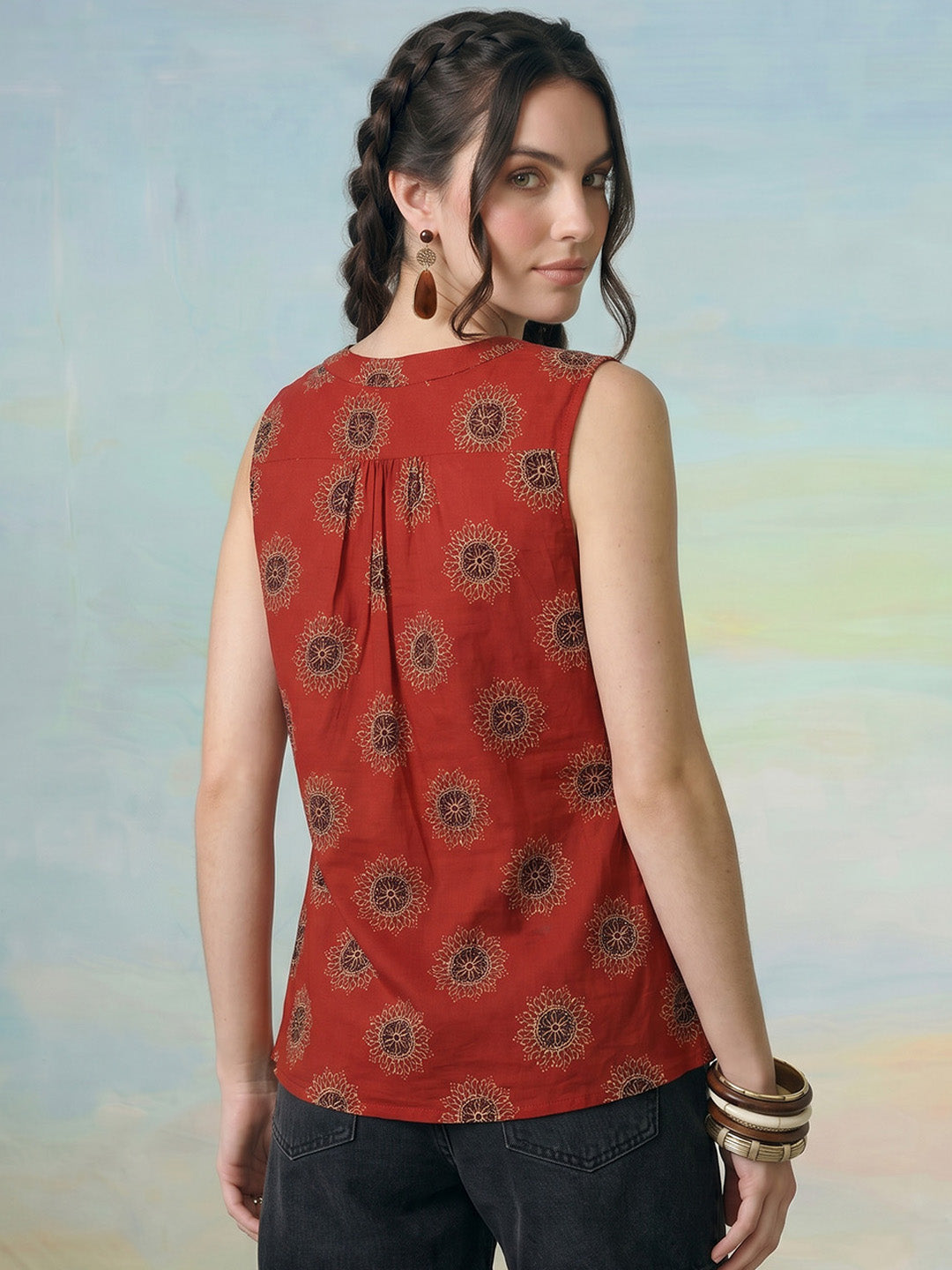 Janasya Rust A-Line Cotton Top | Grocsy