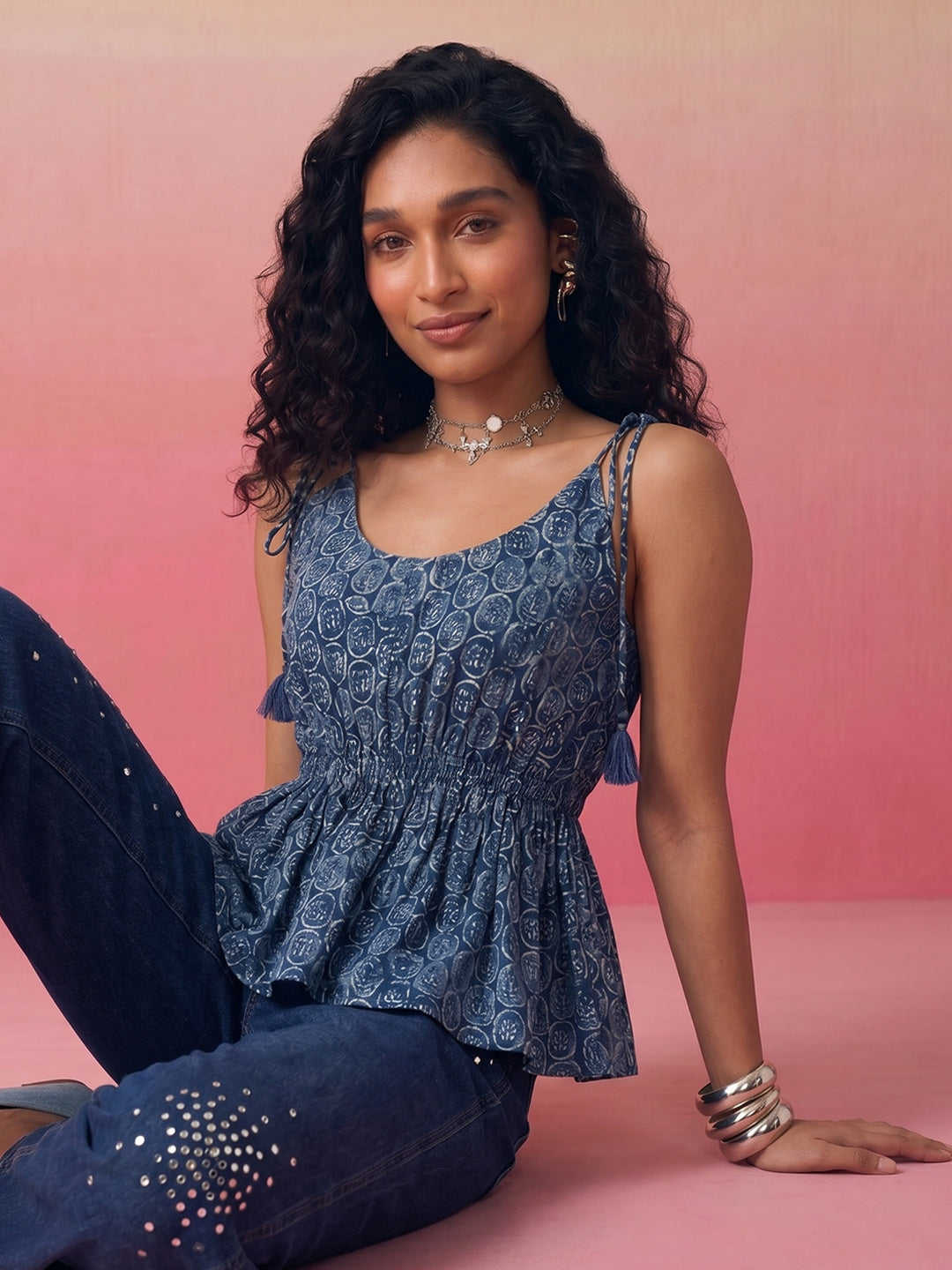 Janasya Blue Peplum Cotton Top | Grocsy