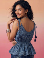 Janasya Blue Peplum Cotton Top | Grocsy