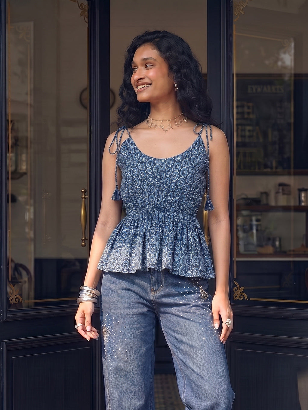 Janasya Blue Peplum Cotton Top | Grocsy