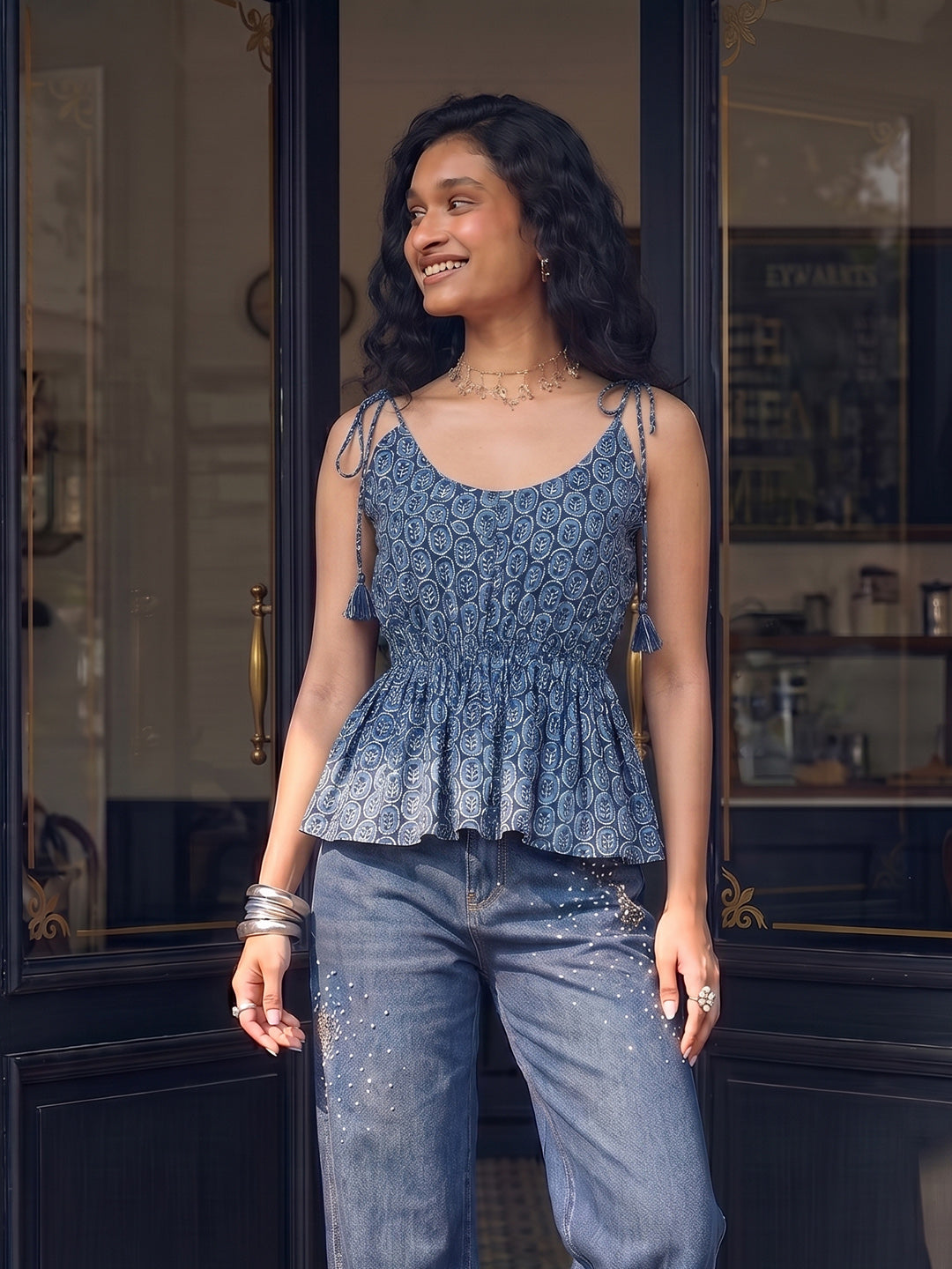 Janasya Blue Peplum Cotton Top | Grocsy