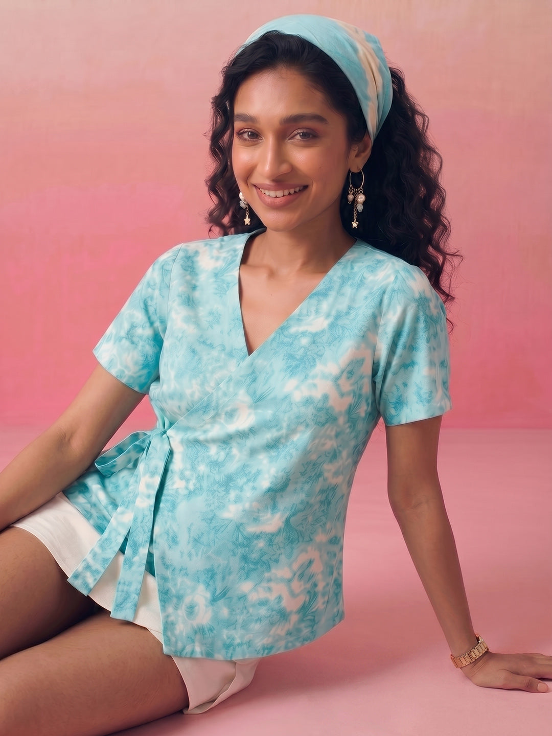 Janasya Sky Blue Wrap Cotton Top | Grocsy