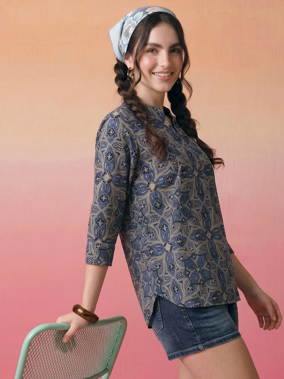 Janasya Blue A-Line Cotton Top | Grocsy