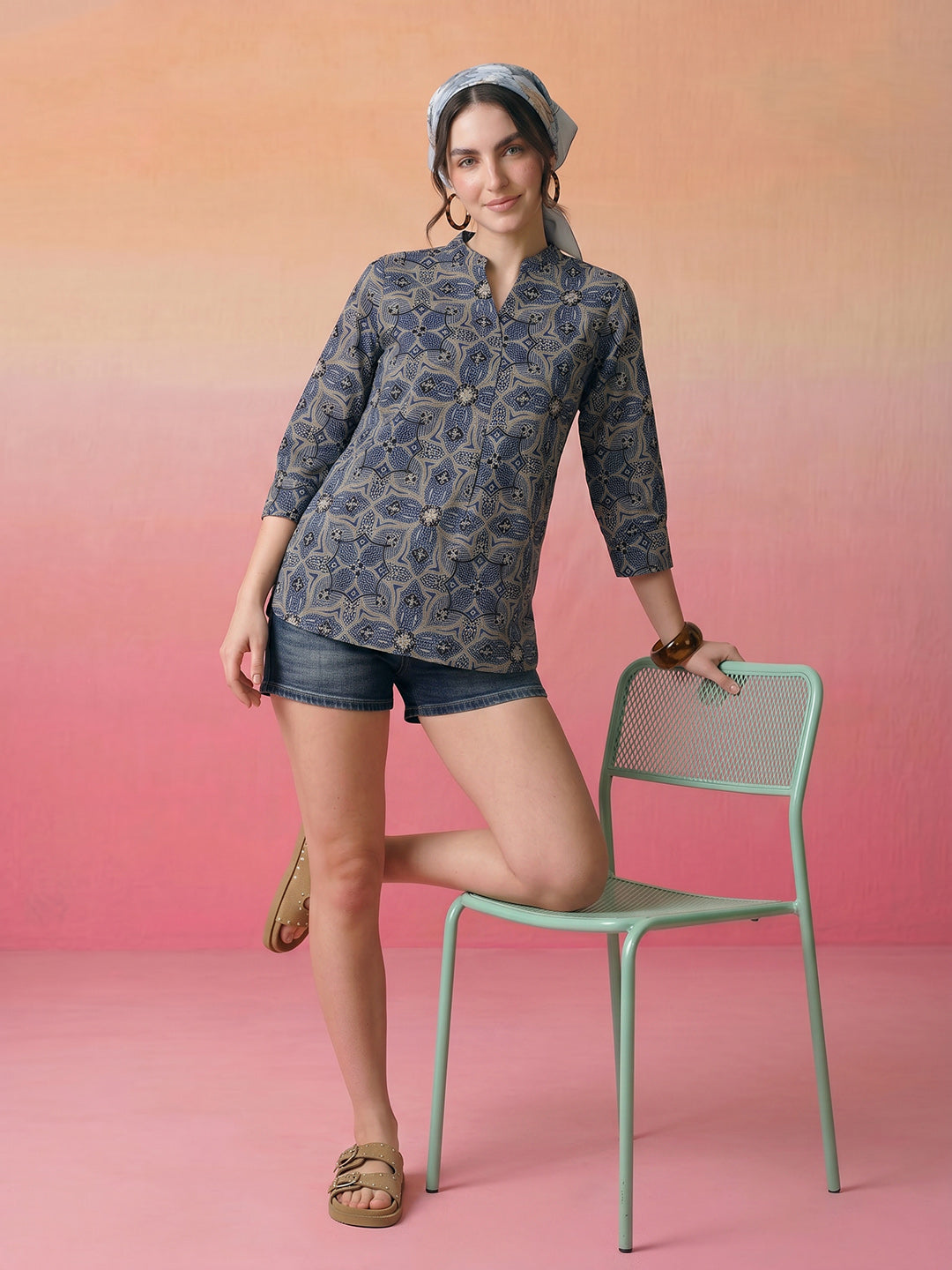 Janasya Blue A-Line Cotton Top | Grocsy