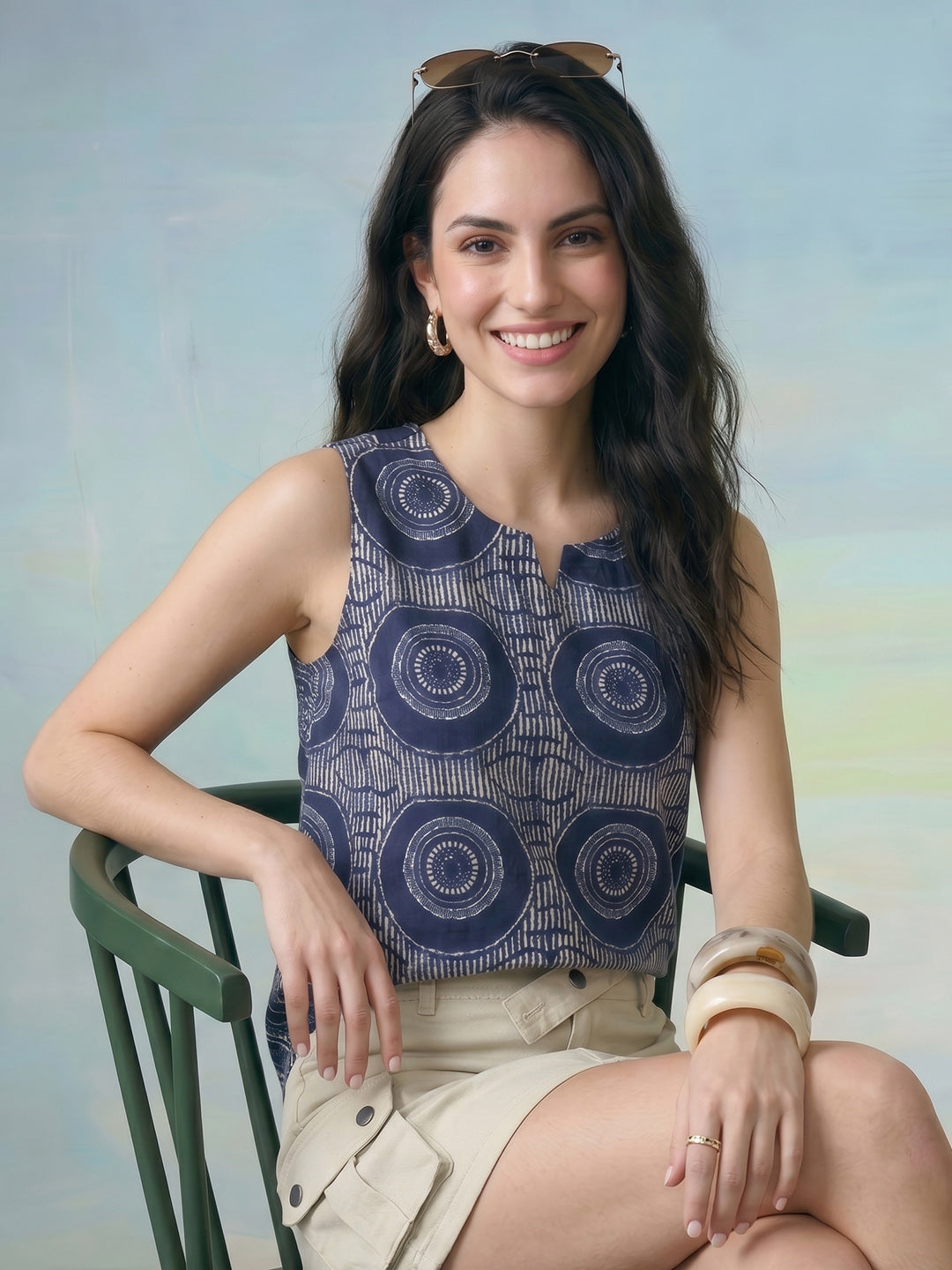 Janasya Indigo Straight Cotton Top | Grocsy