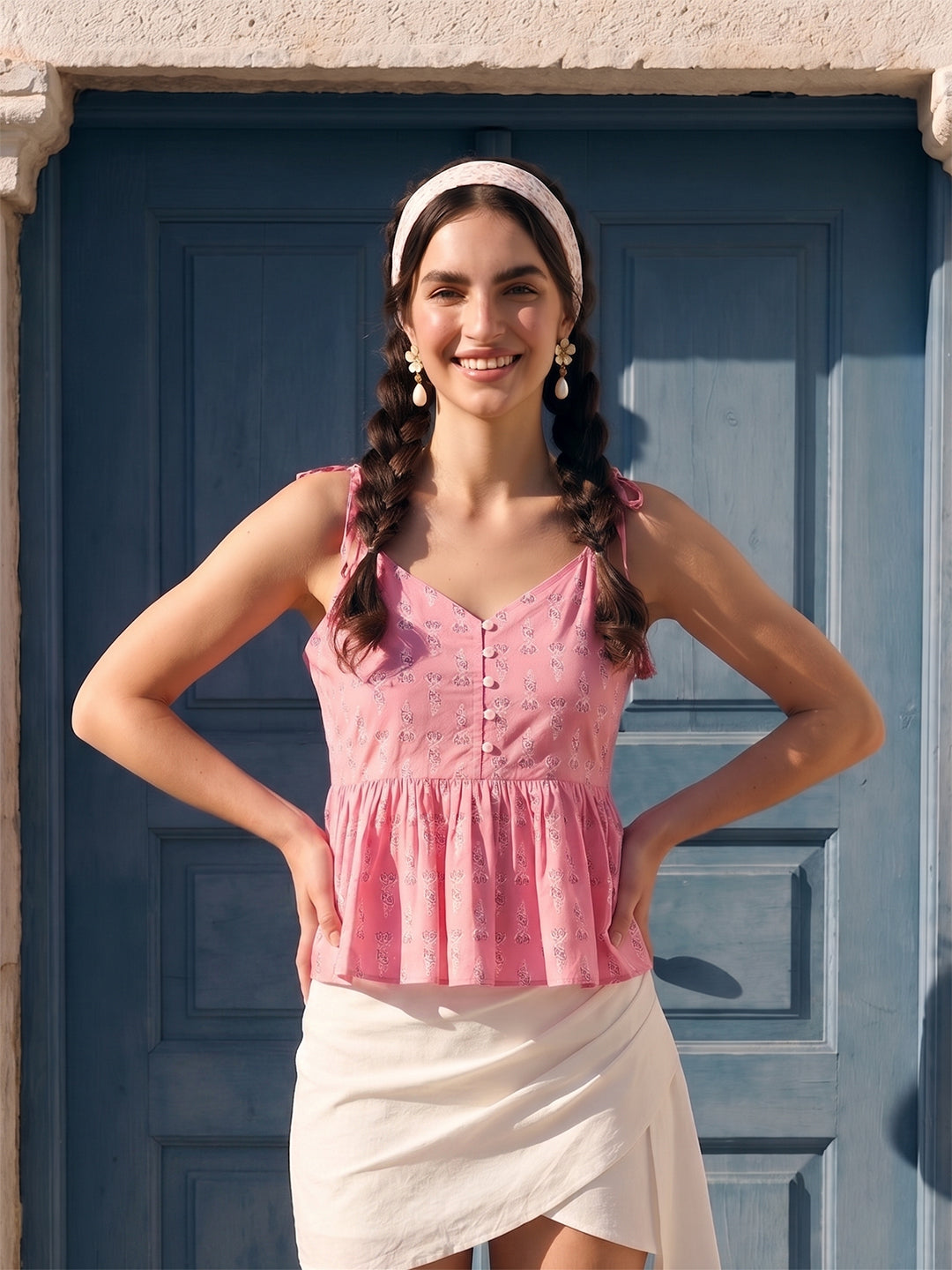 Janasya Pink Peplum Cotton Top | Grocsy
