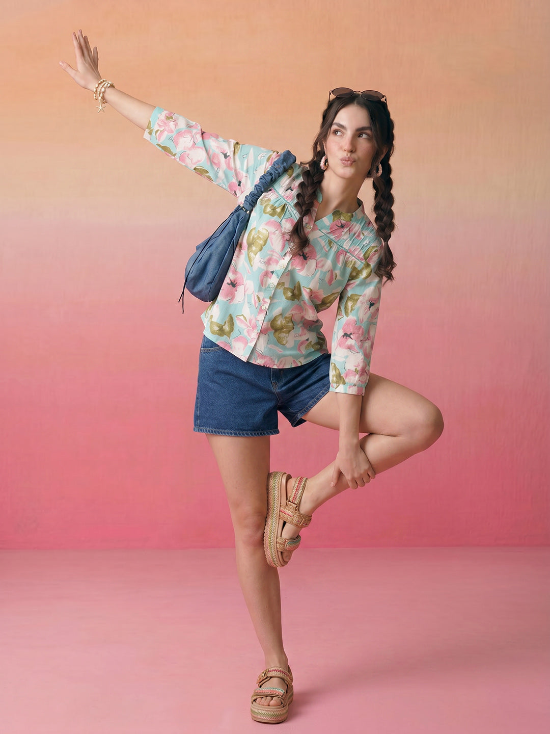 Janasya Sky Blue Straight Cotton Top | Grocsy
