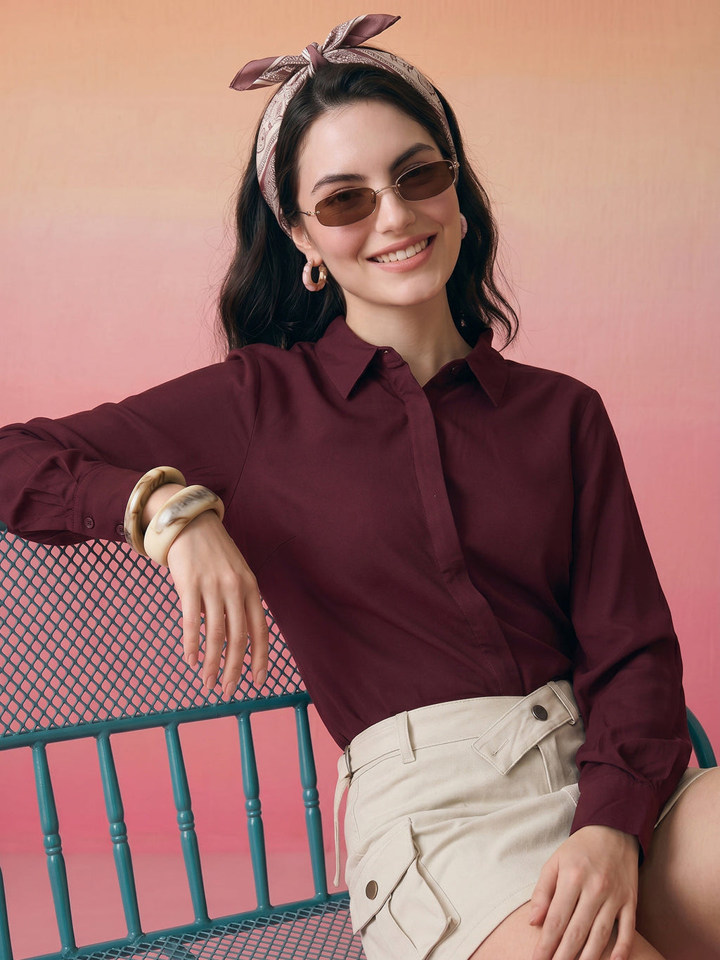 Janasya Wine Shirt Rayon Top | Grocsy