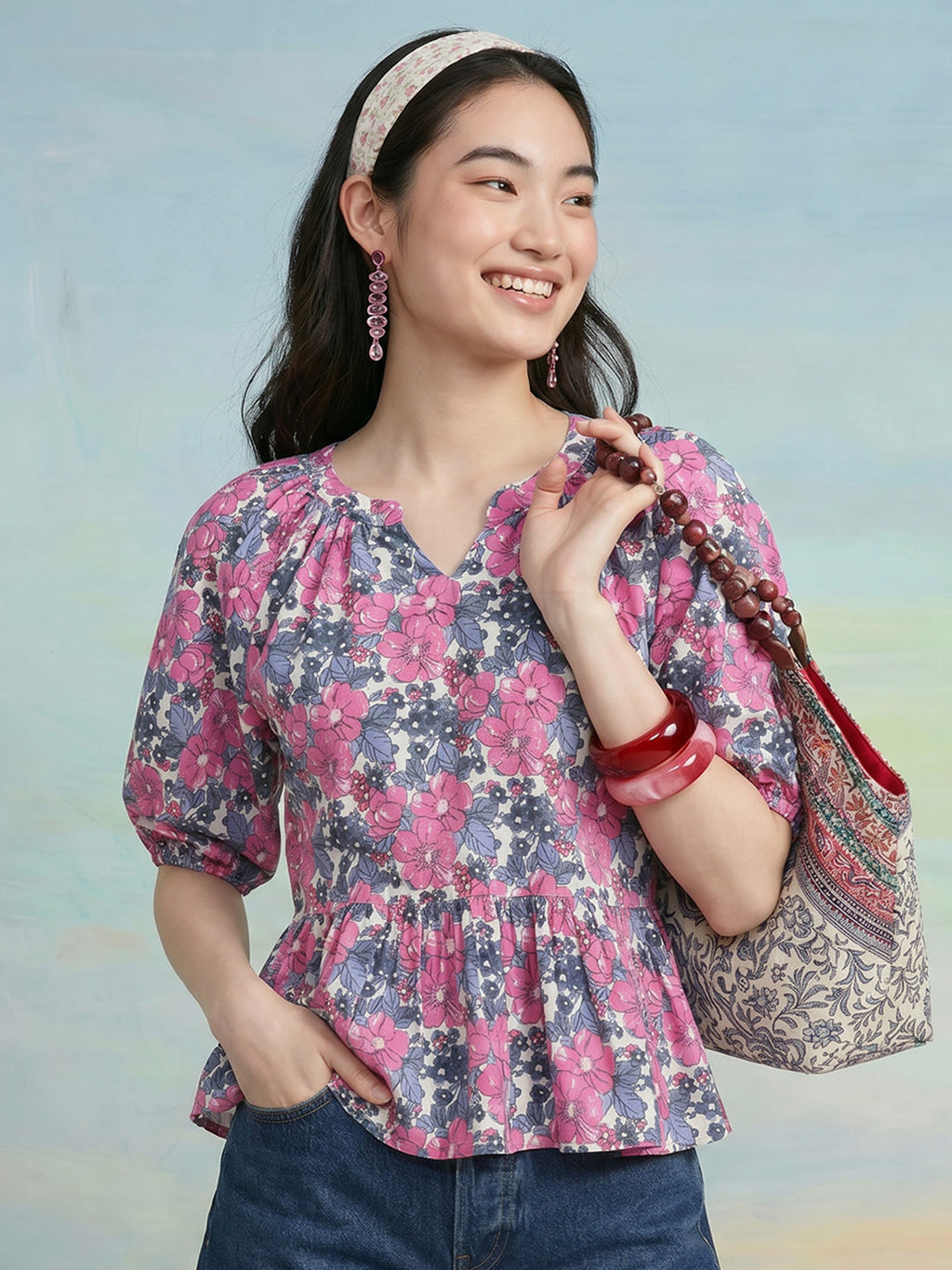 Janasya Multi A-Line Cotton Top | Grocsy