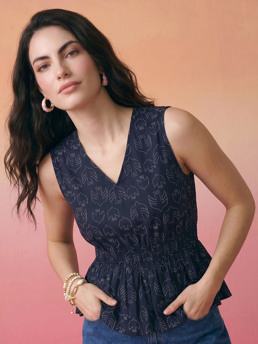 Janasya Navy Blue Peplum Cotton Top | Grocsy
