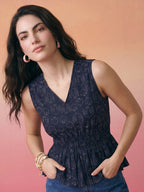 Janasya Navy Blue Peplum Cotton Top | Grocsy