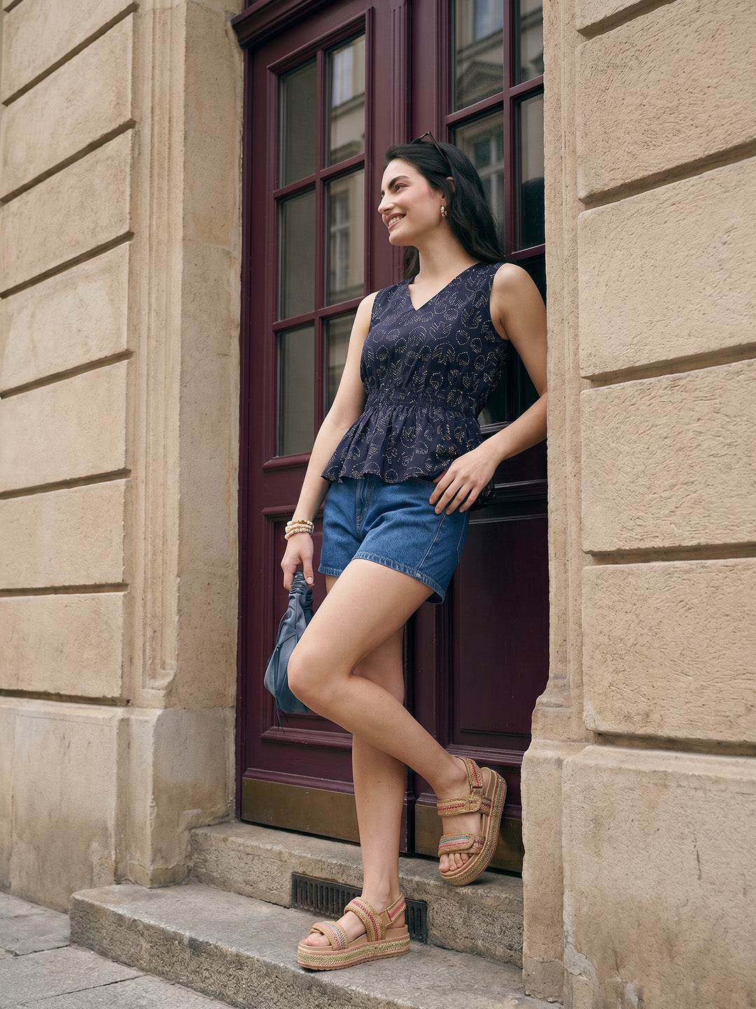 Janasya Navy Blue Peplum Cotton Top | Grocsy