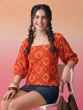 Janasya Orange Straight Cotton Top | Grocsy