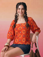 Janasya Orange Straight Cotton Top | Grocsy