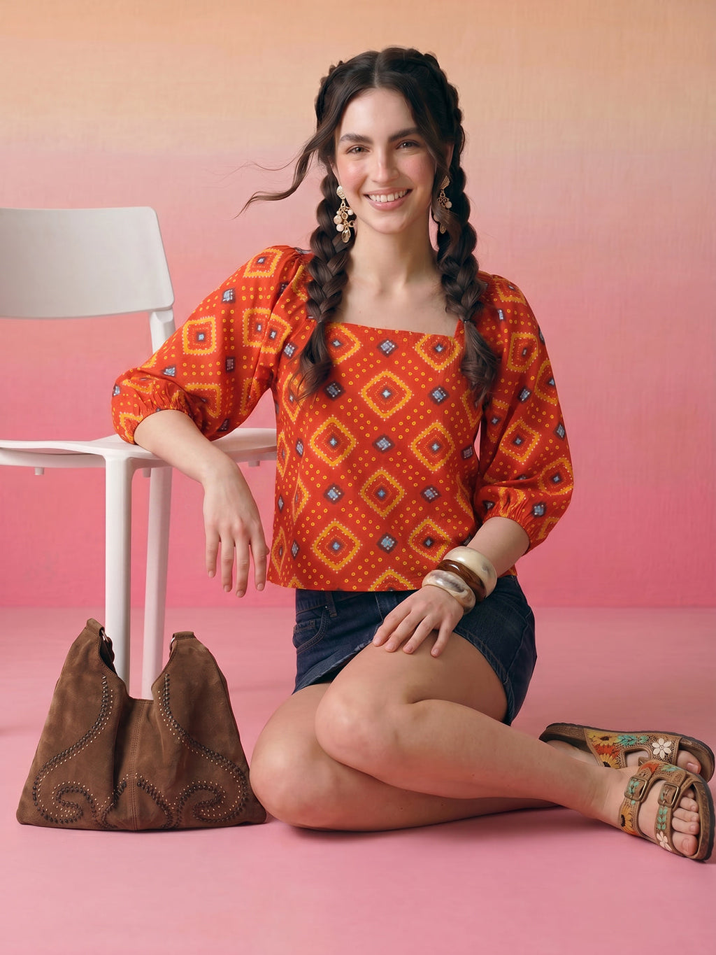 Janasya Orange Straight Cotton Top | Grocsy
