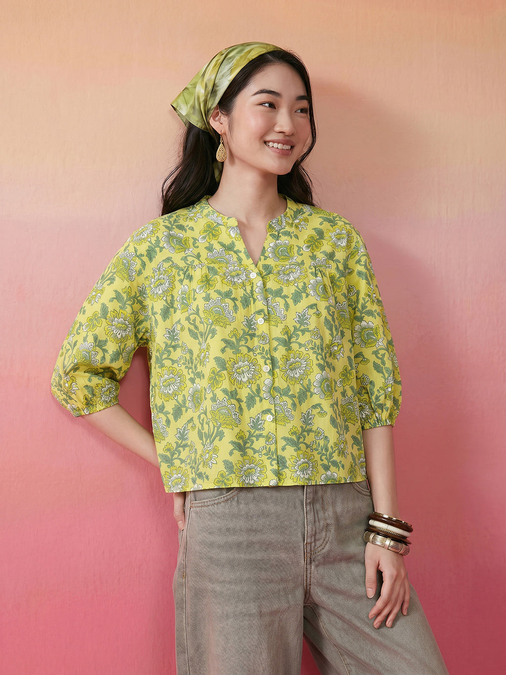 Janasya Lime Green Shirt Cotton Top | Grocsy