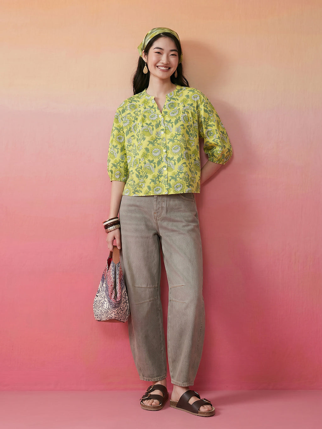 Janasya Lime Green Shirt Cotton Top | Grocsy