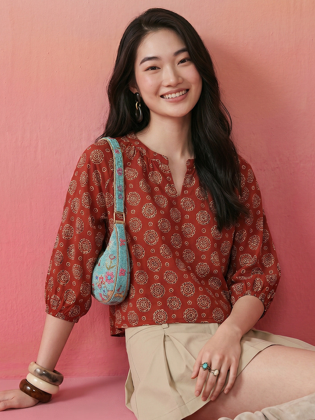 Janasya Rust Straight Cotton Top | Grocsy