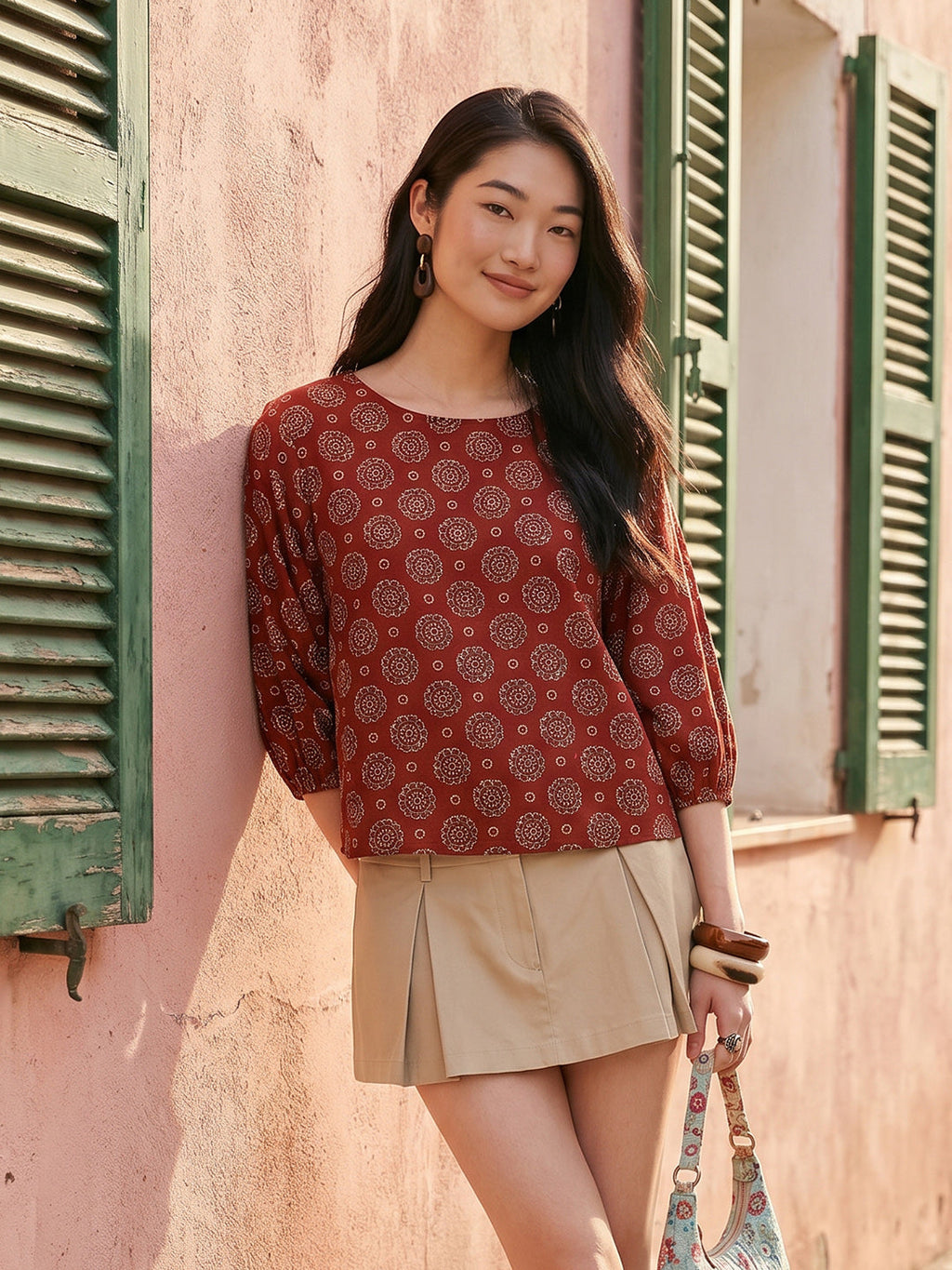 Janasya Rust Straight Cotton Top | Grocsy