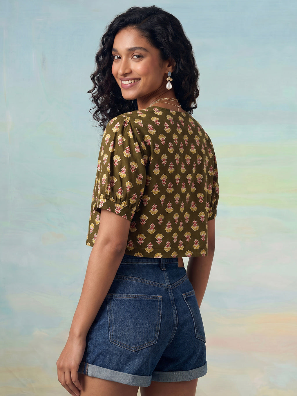 Janasya Olive Crop Cotton Top | Grocsy