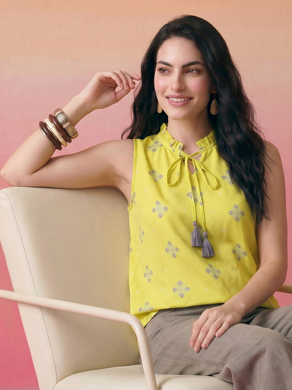 Janasya Lime Straight Cotton Top | Grocsy
