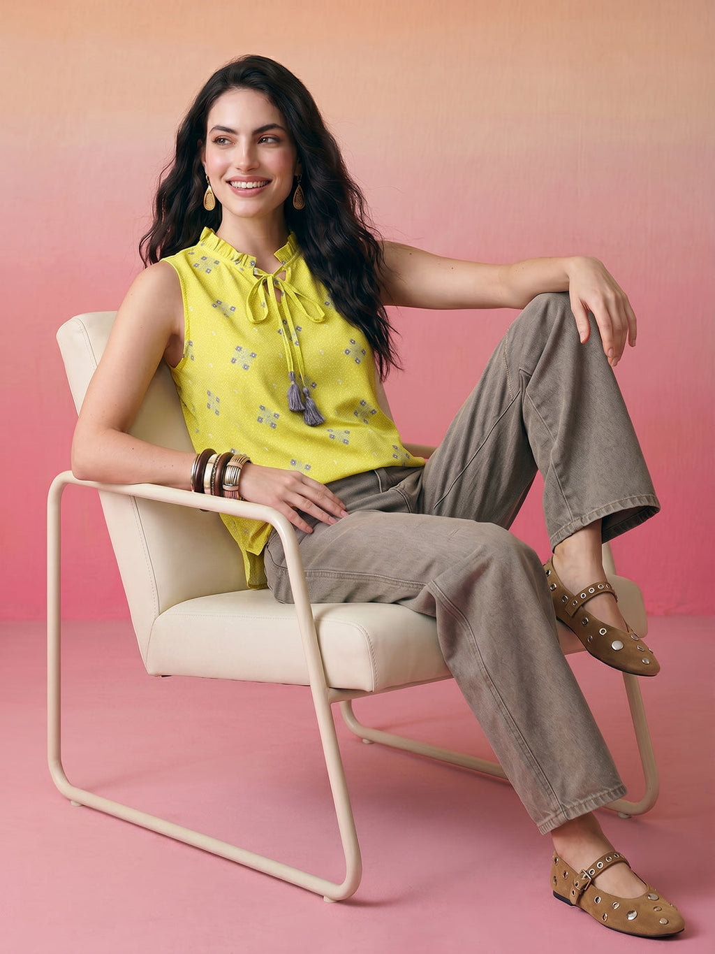 Janasya Lime Straight Cotton Top | Grocsy
