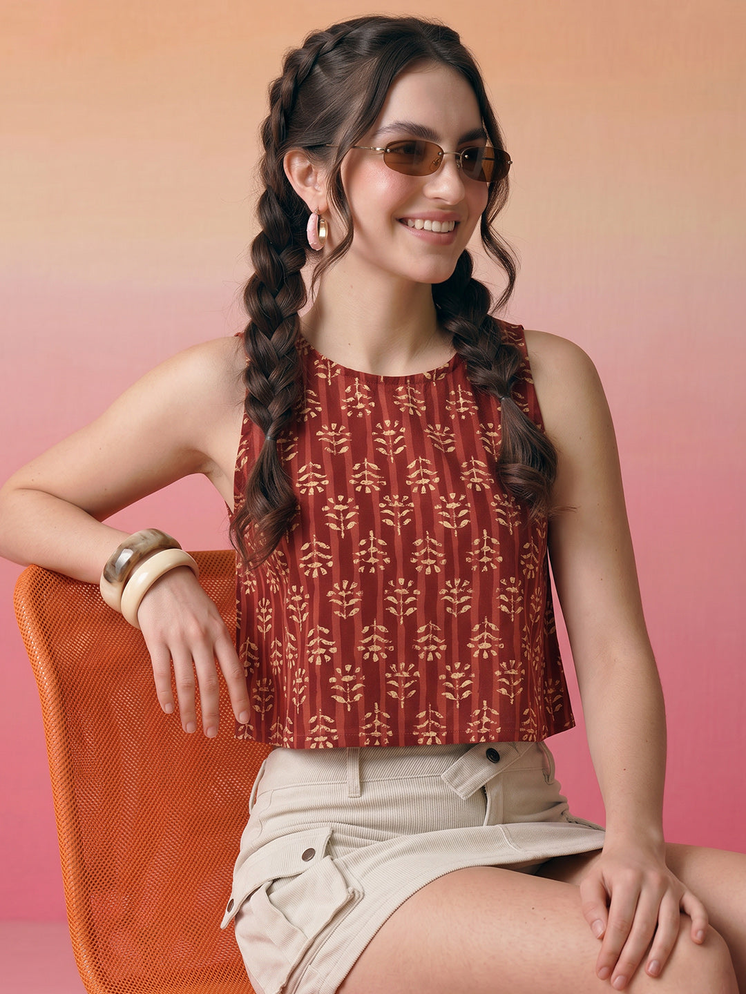 Janasya Maroon Crop Cotton Top | Grocsy
