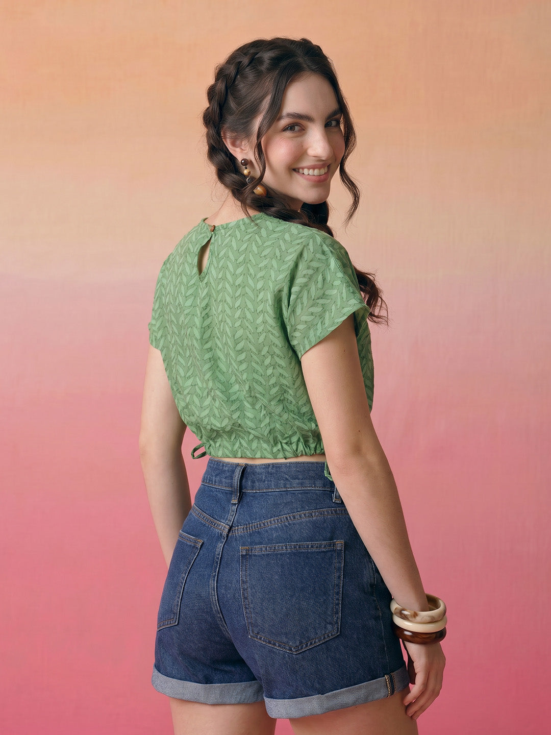 Janasya Green Crop Cotton Top | Grocsy
