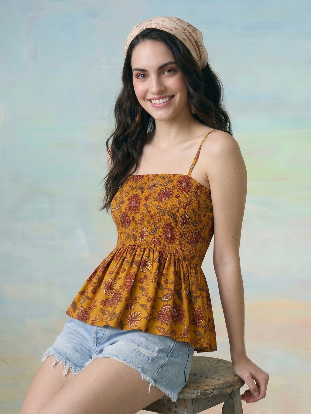 Janasya Mustard Peplum Cotton Top | Grocsy