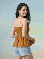 Janasya Mustard Peplum Cotton Top | Grocsy