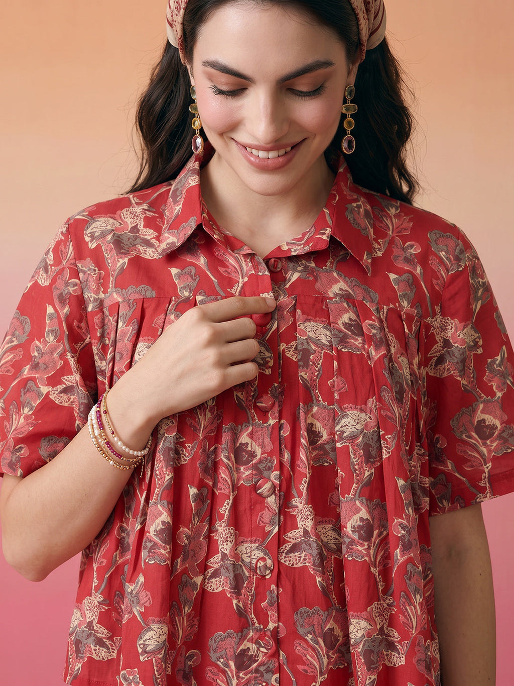 Janasya Red Flared Cotton Top | Grocsy
