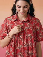 Janasya Red Flared Cotton Top | Grocsy