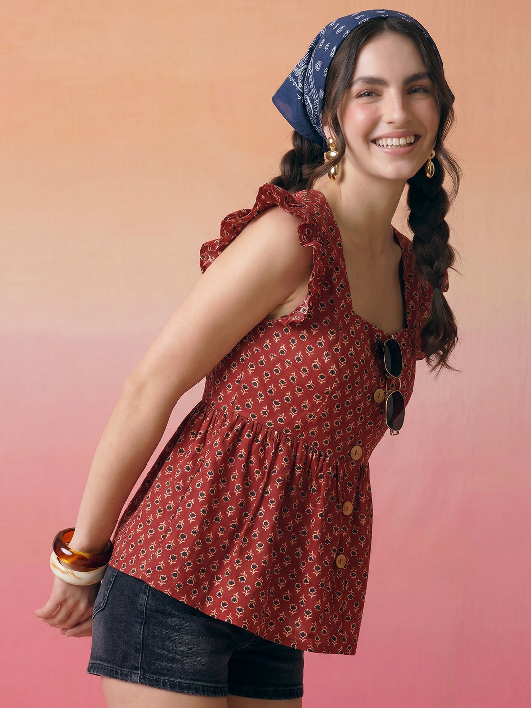 Janasya Rust A-Line Cotton Top | Grocsy