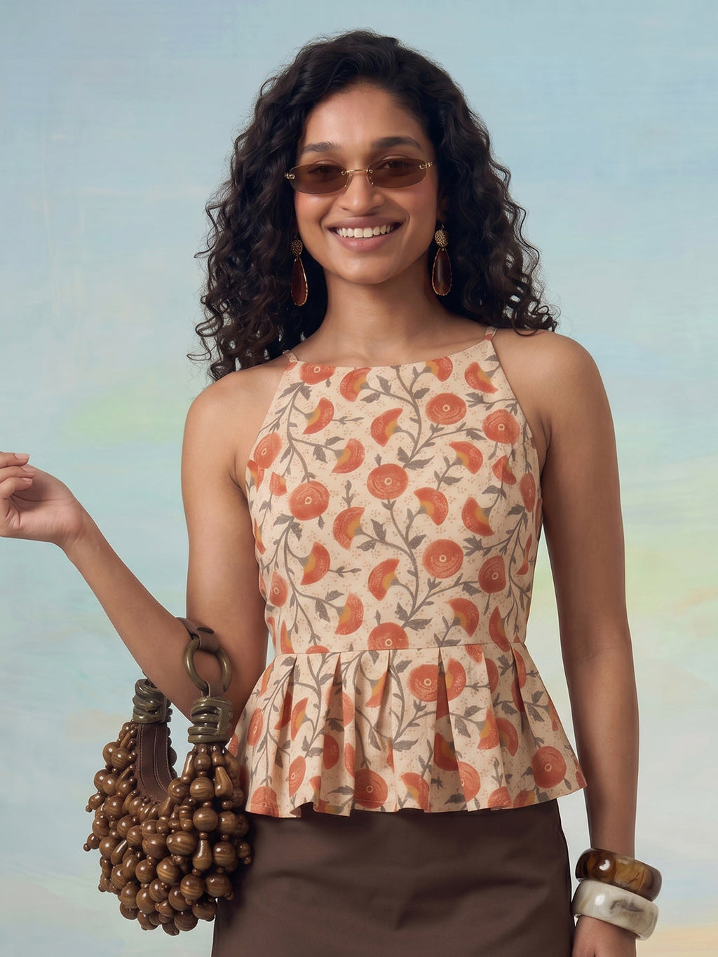 Janasya Beige Peplum Cotton Top | Grocsy