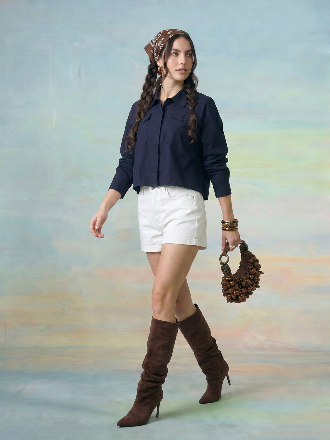Janasya Navy Blue Shirt Cotton Top | Grocsy