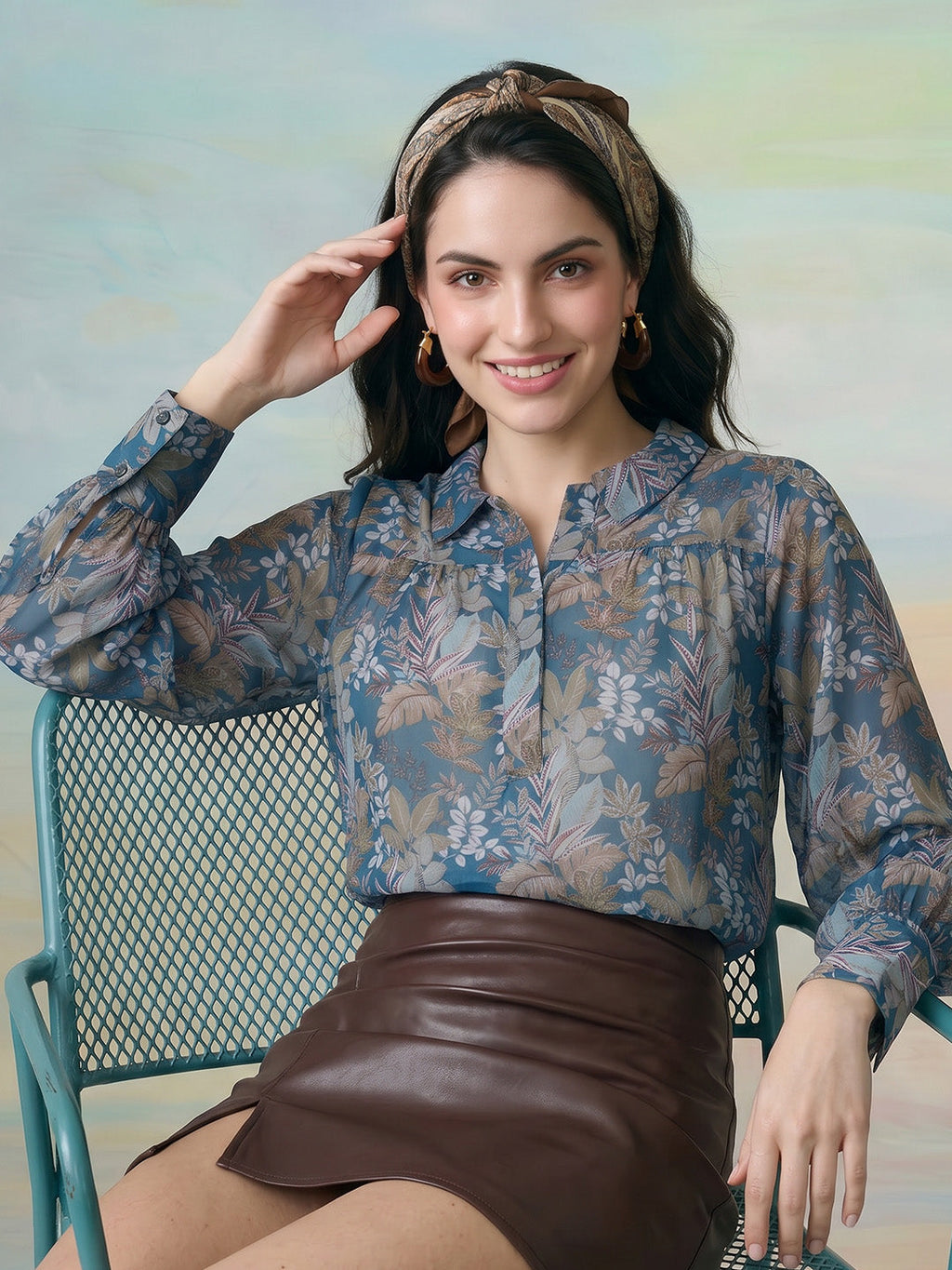Janasya Teal Shirt Style Georgette Top | Grocsy