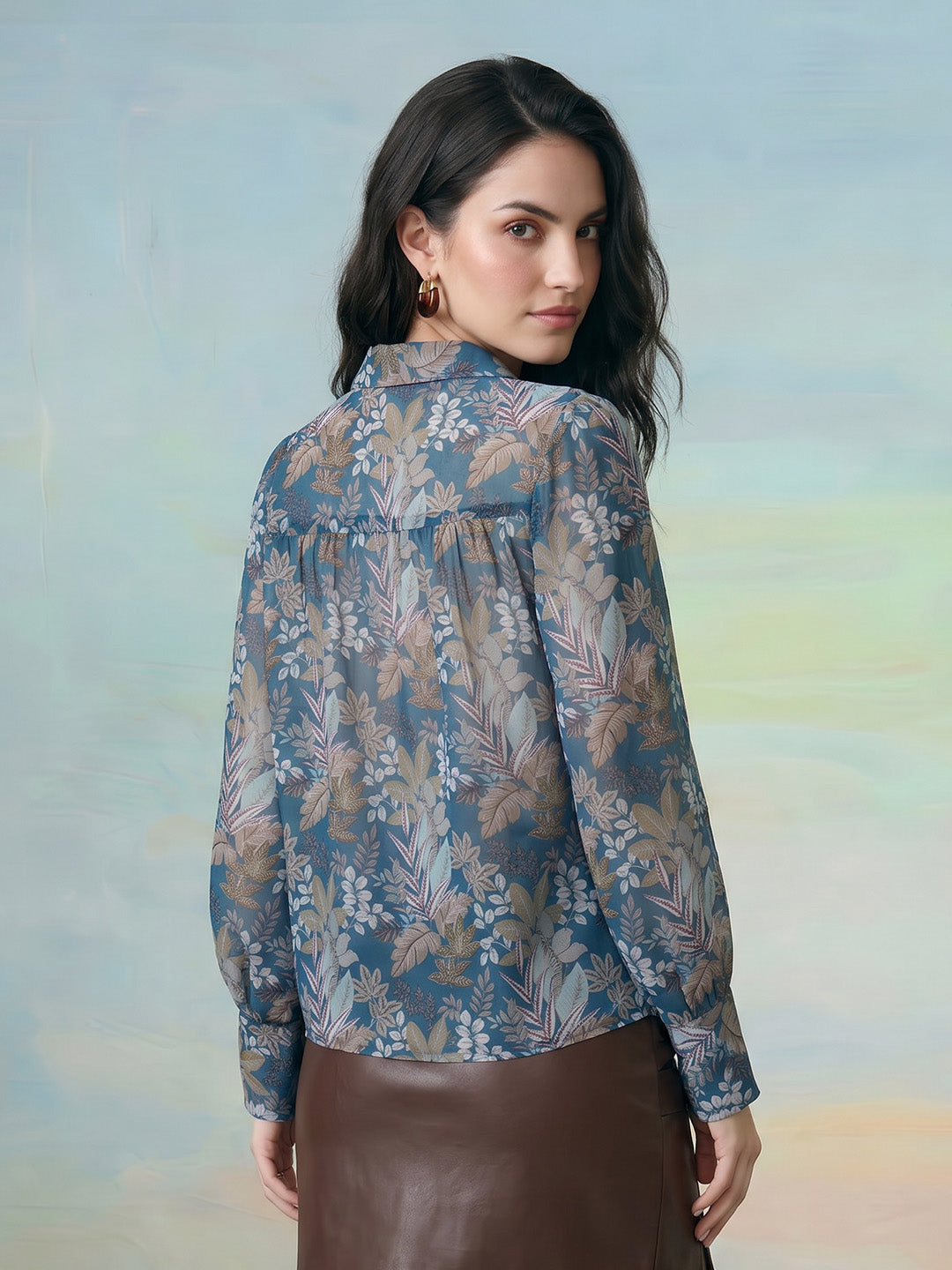 Janasya Teal Shirt Style Georgette Top | Grocsy