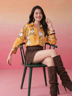 Janasya Mustard Shirt Satin Top | Grocsy
