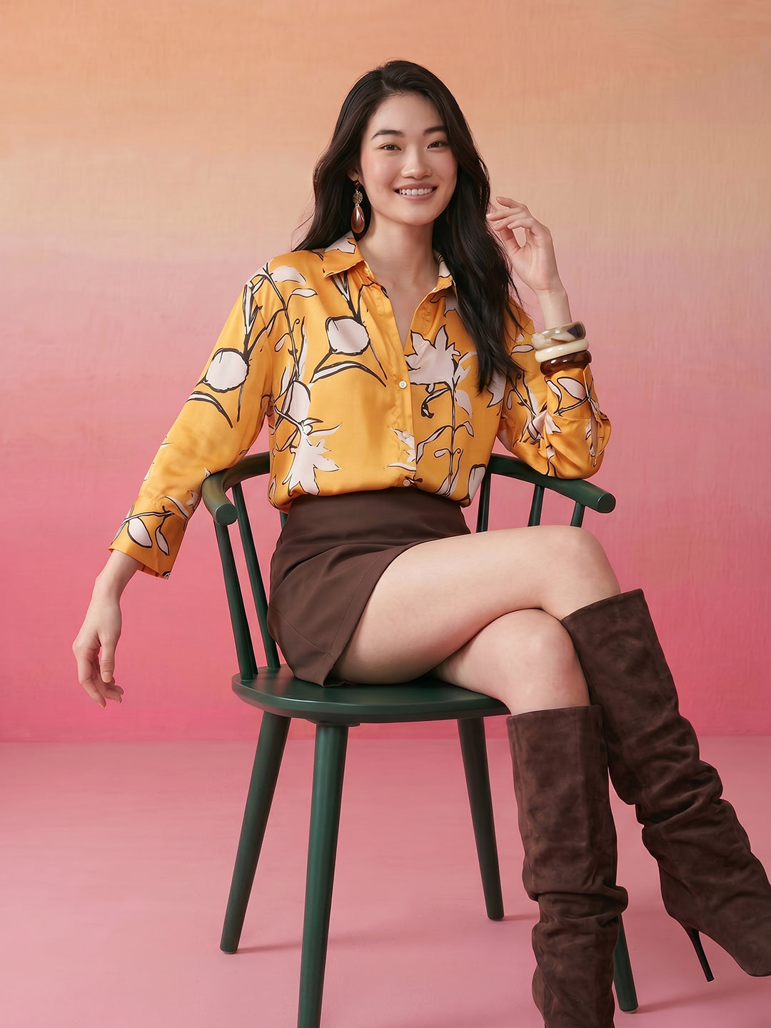 Janasya Mustard Shirt Satin Top | Grocsy
