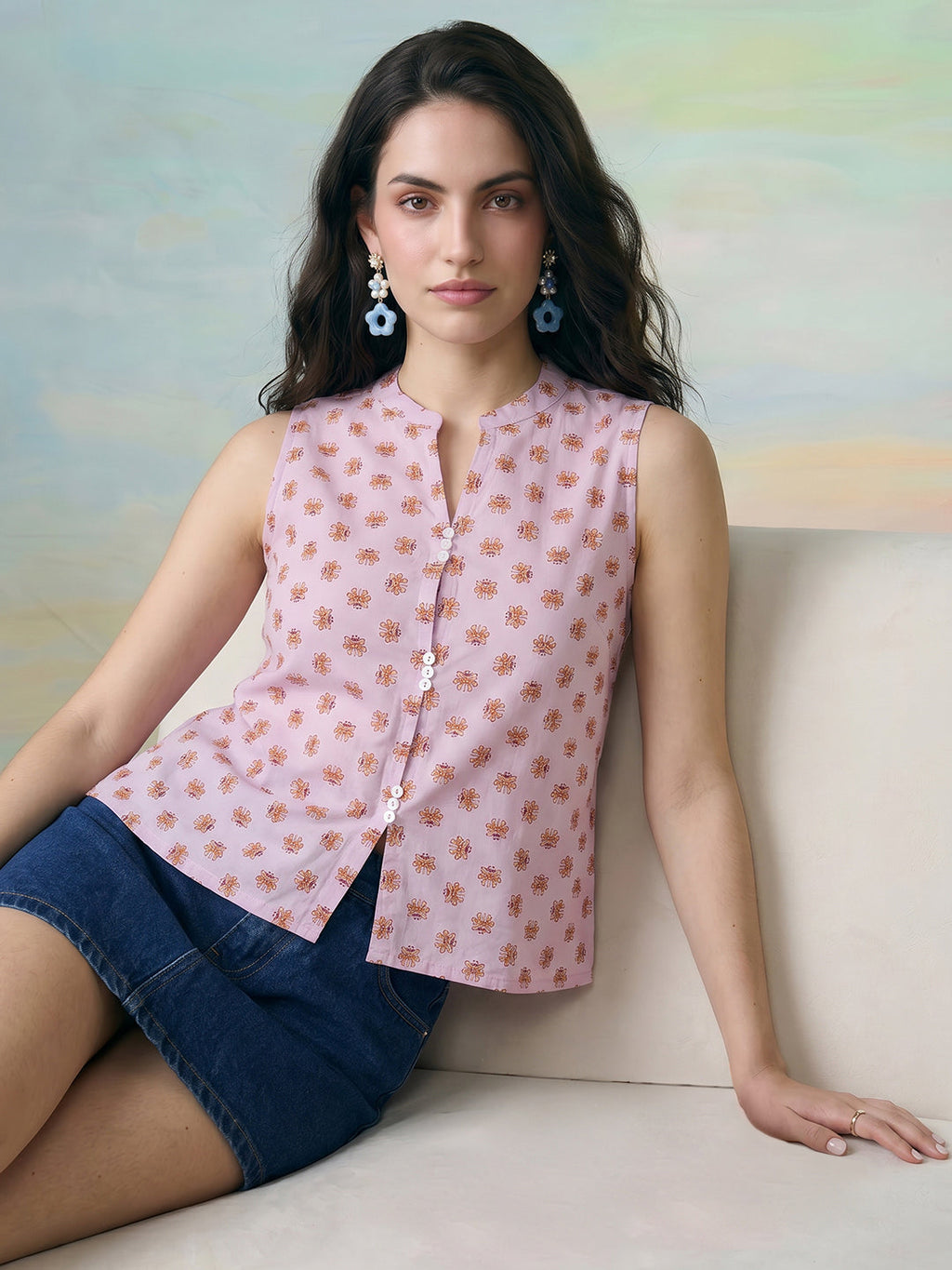 Janasya Lavender Straight Cotton Top | Grocsy