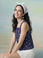 Janasya Navy Blue Waistcoat Rayon Blend Top | Grocsy