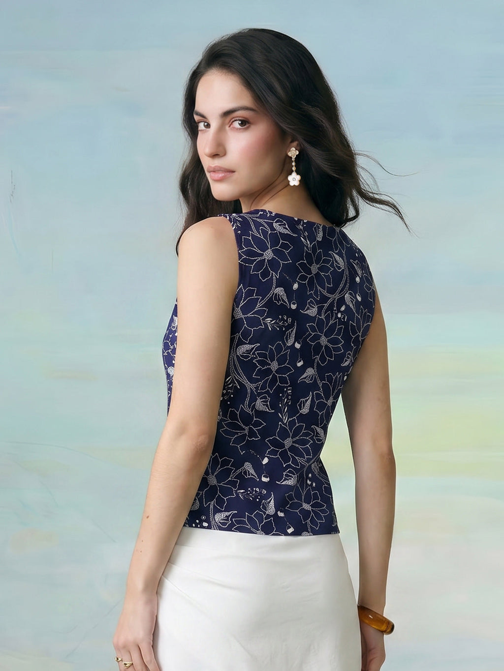 Janasya Navy Blue Waistcoat Rayon Blend Top | Grocsy