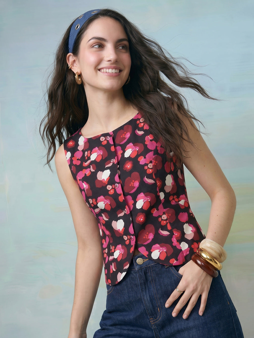 Janasya Black Waistcoat Rayon Blend Top | Grocsy