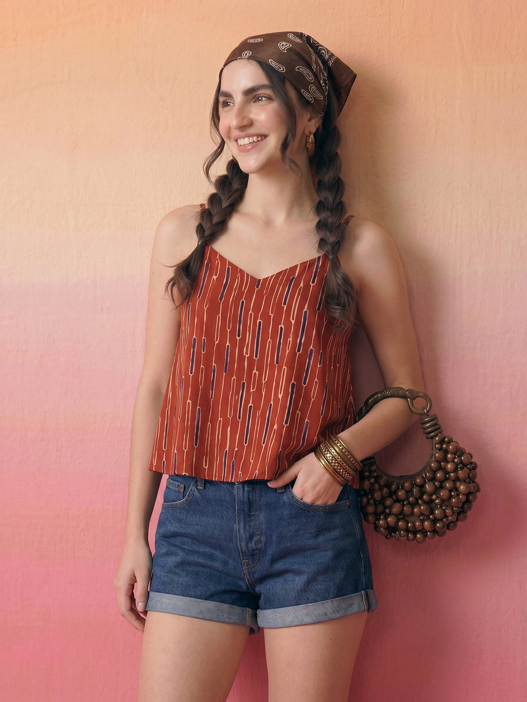 Janasya Rust A-Line Cotton Top | Grocsy