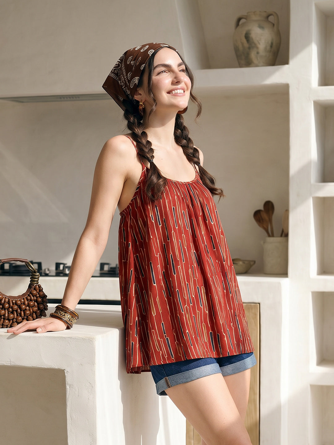 Janasya Rust A-Line Cotton Top | Grocsy