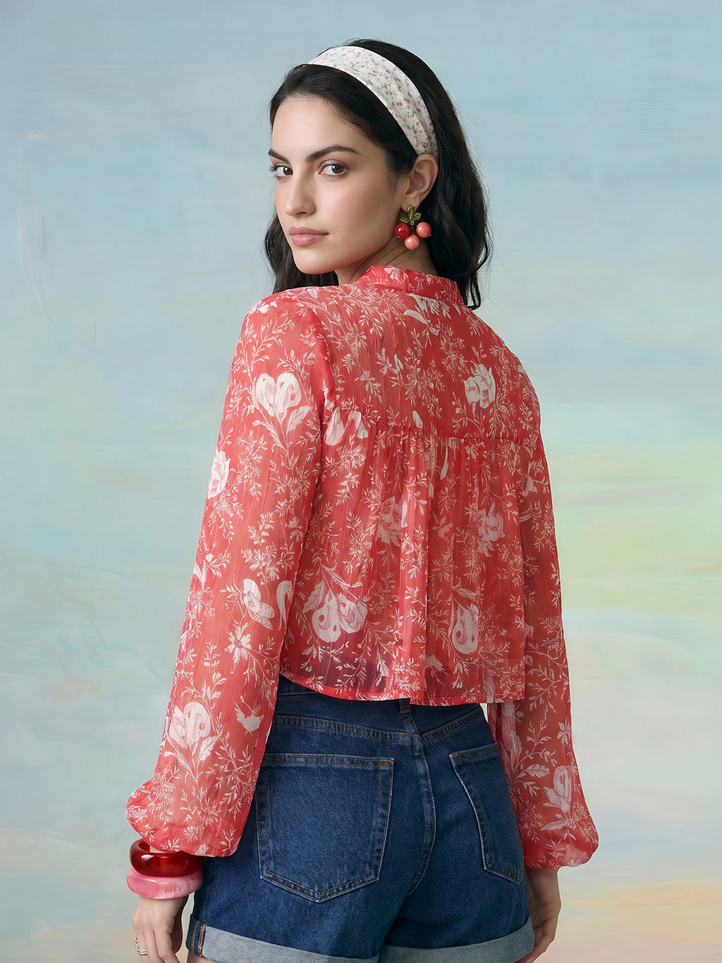 Janasya Coral Crop Chiffon Lurex Top | Grocsy