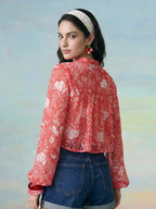 Janasya Coral Crop Chiffon Lurex Top | Grocsy